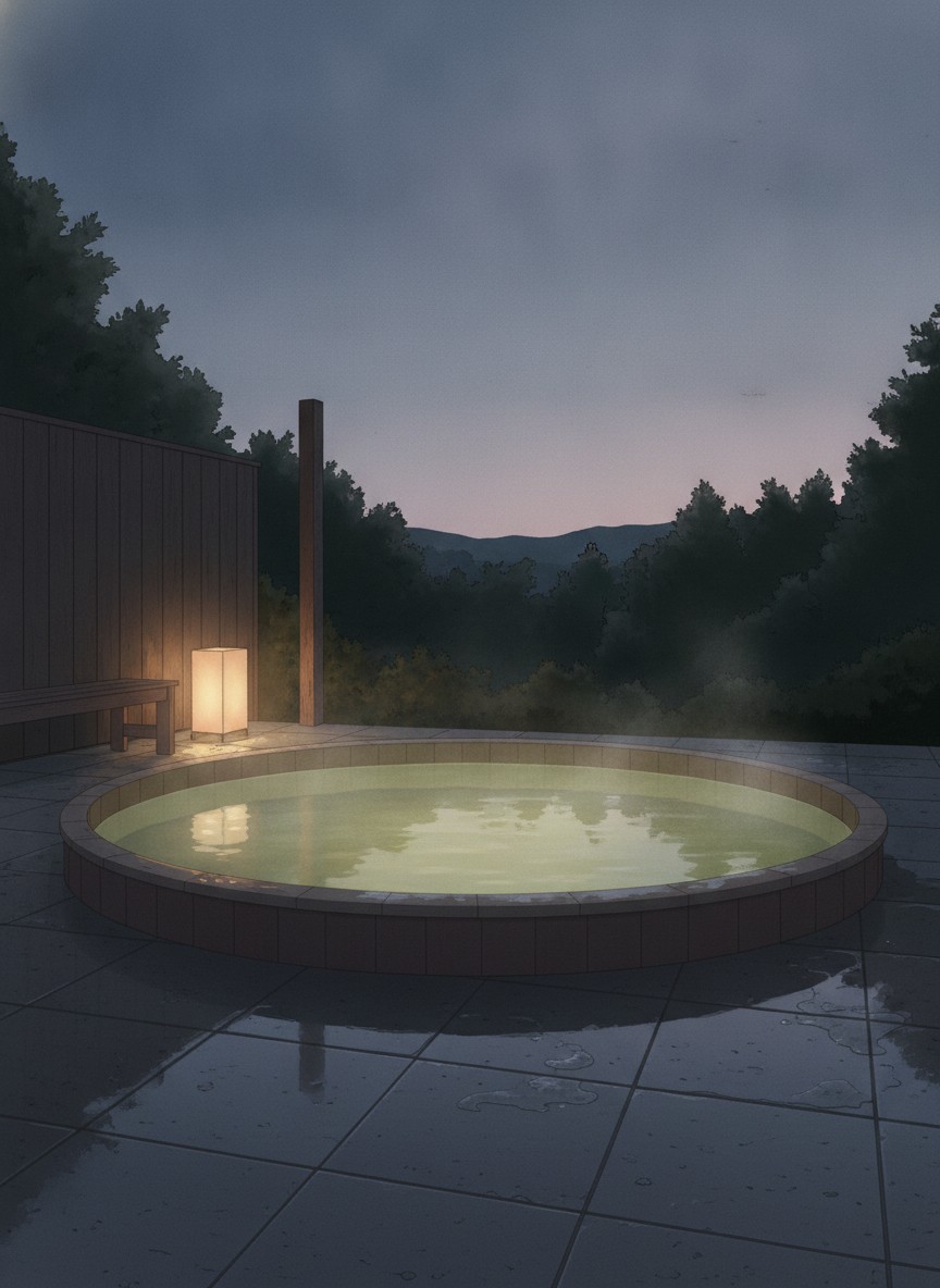 Illustration of Shukubo Kawasemi no Sho, The Kingfisher Resort in Nagayu Onsen, on the Kutami hill above the Nagayu dam lake, north of the bath town