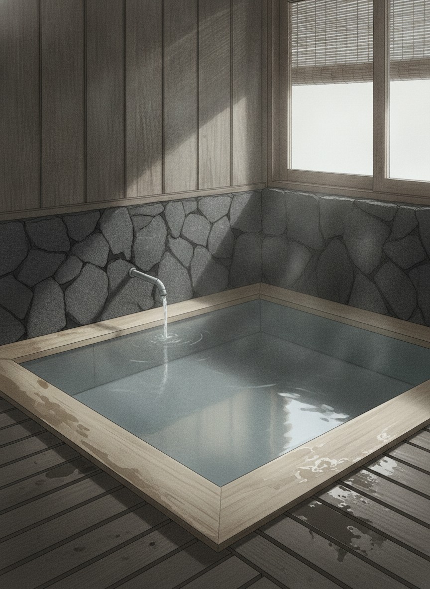 Illustration of Marucho Ryokan in Nagayu Onsen, on the Serikawa river in the middle of the bath town