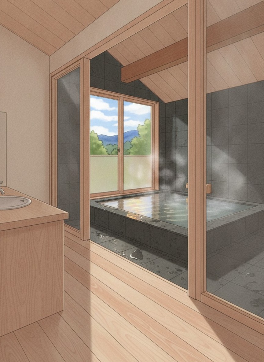 Illustration of Josei Tenku no Mori, Spa Ku in Tonoue, on the highest ground above the Nagayu bath town, east of the center