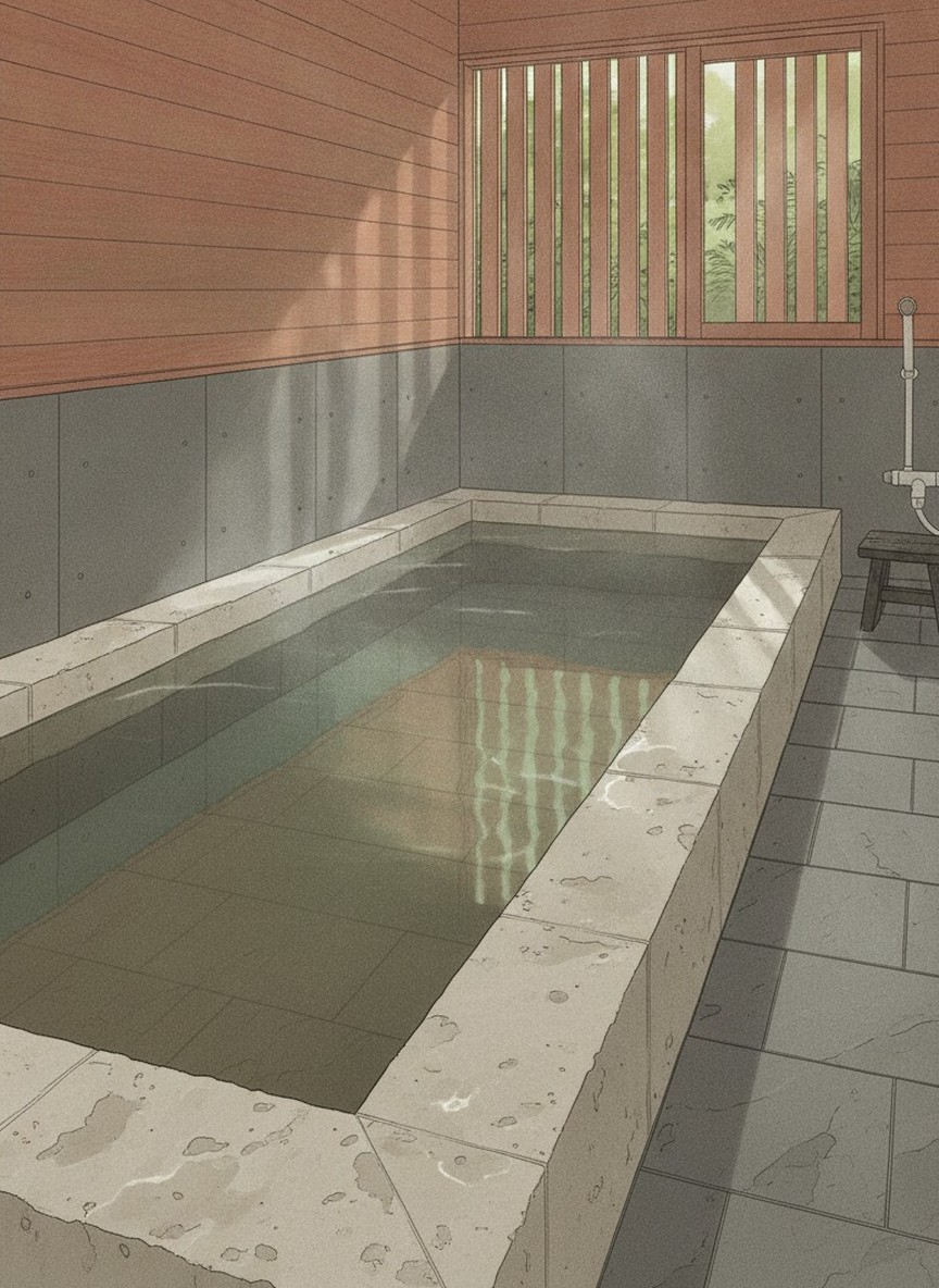 Illustration of Oyado Yukimiso in Nagayu Onsen, in woods a little outside the bath town, northwest of the center