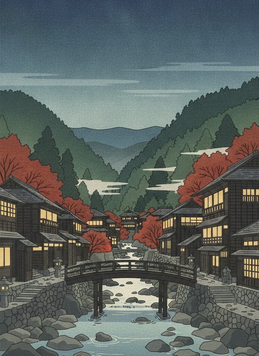 Illustration of Kurokawa Onsen on an autumn evening: wooden inns lit along a shallow river in a wooded valley, with a small footbridge and red maples