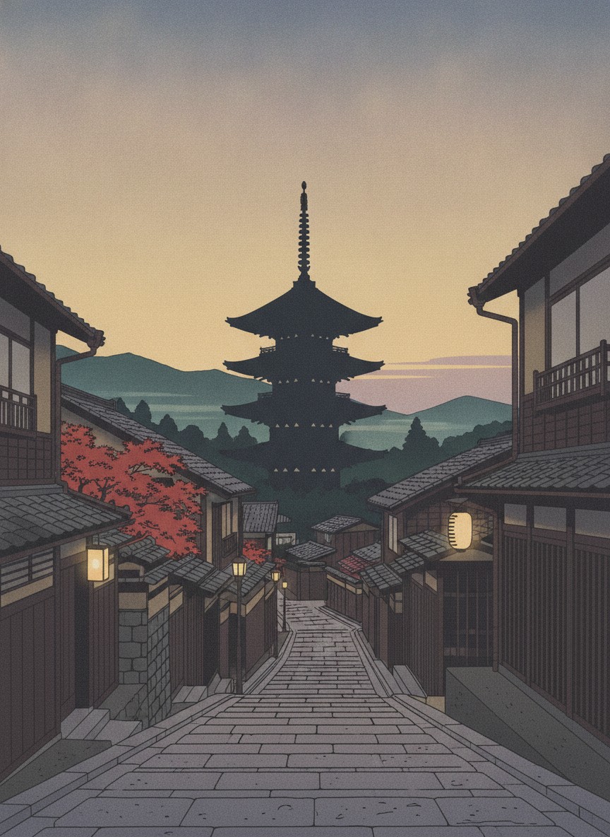 Illustration of a stone lane in Higashiyama, Kyoto, at dusk: wooden machiya houses and lanterns leading up to the Yasaka Pagoda