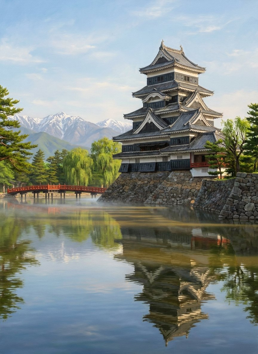 Illustration of Matsumoto on a summer morning: the black keep of Matsumoto Castle above its moat and red bridge, with the Northern Alps behind