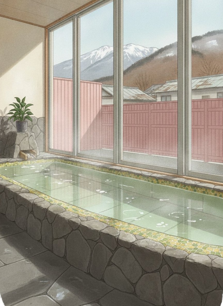 Illustration of Kikyotei Yumotoya in Naka-Asama, the middle of Asama Onsen, beside the Shimo-Asama Hiroba bus stop