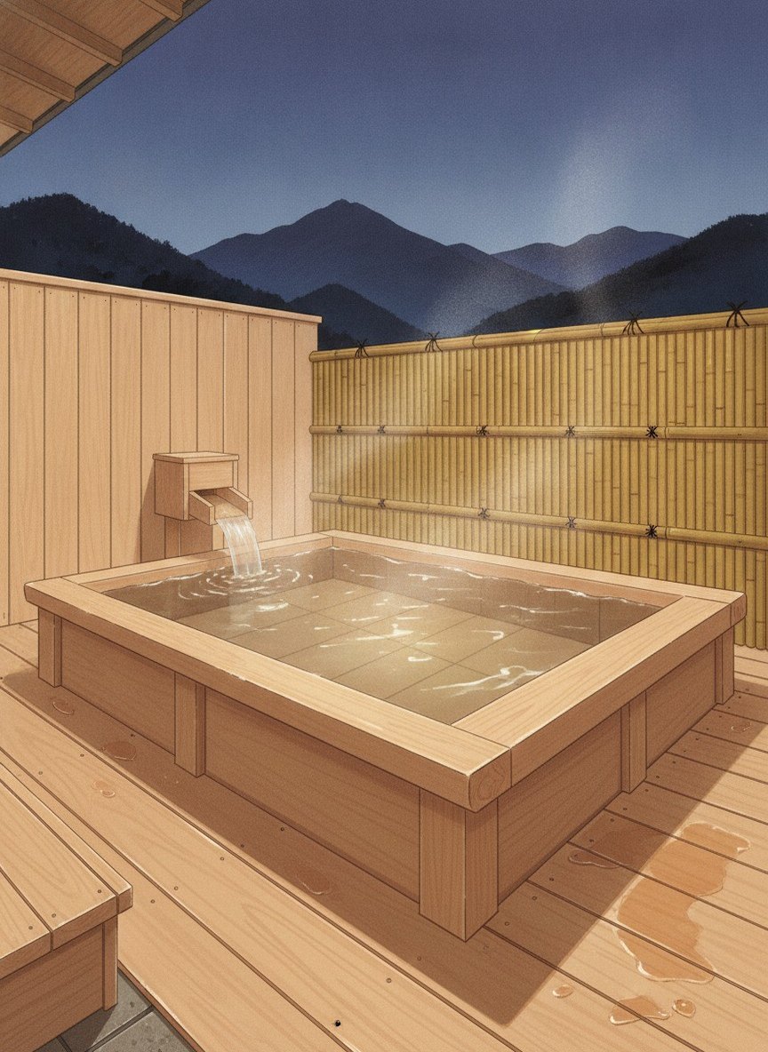 Illustration of onsen hotel OMOTO in Asama Onsen, on high ground in the upper part of the hot spring town, 1 minute on foot from the day-use bath Biwa-no-yu