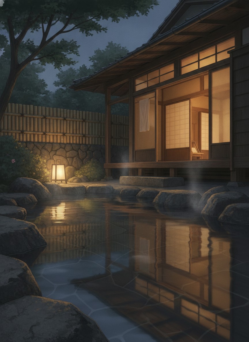 Illustration of Iwayu in Misasa, on the riverside street