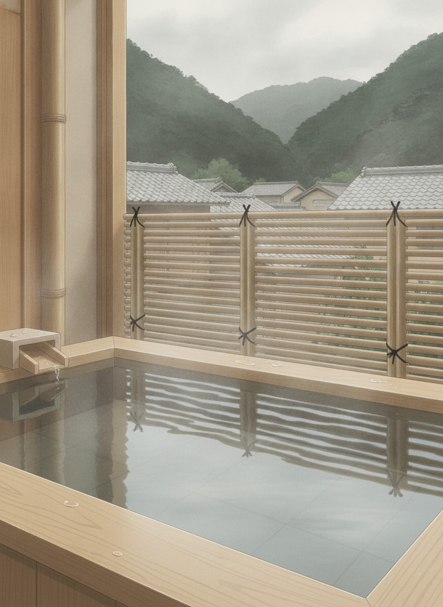 Illustration of Izanro Iwasaki in Misasa, the large house above the river garden