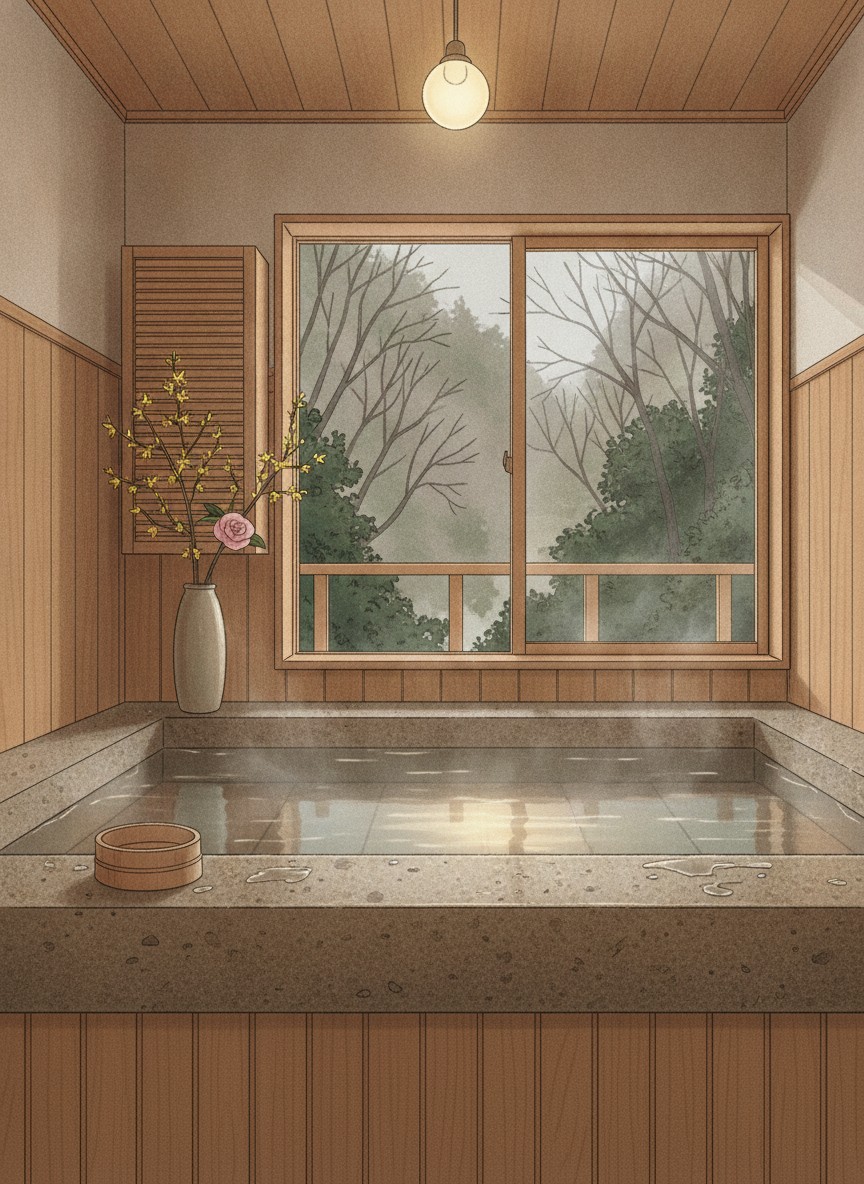 Illustration of Mansuirou in Yamada, at the quiet upstream end of the spa street