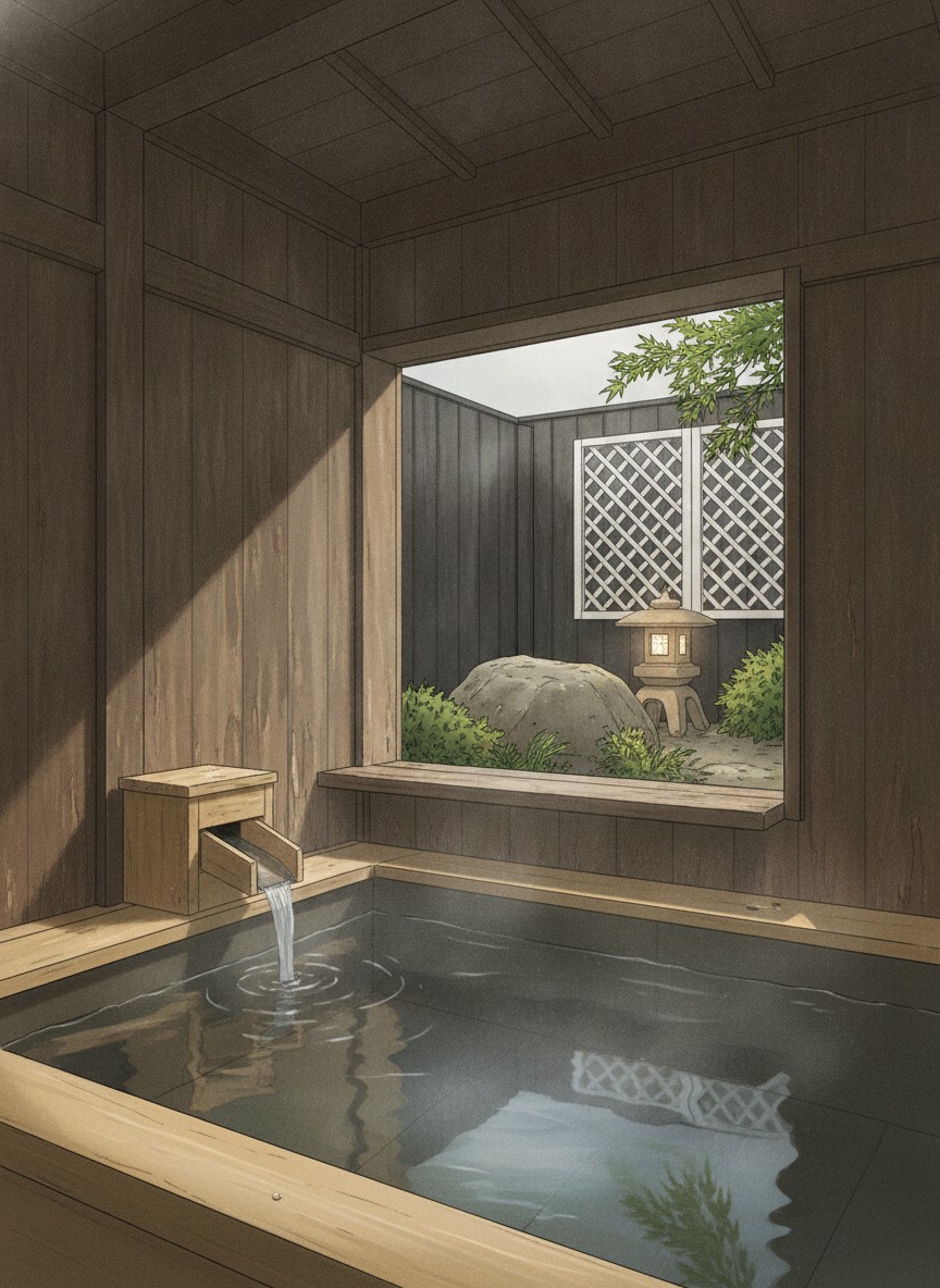 Illustration of Ryokan Ohashi in Misasa, on the riverside street at the Misasa bridge