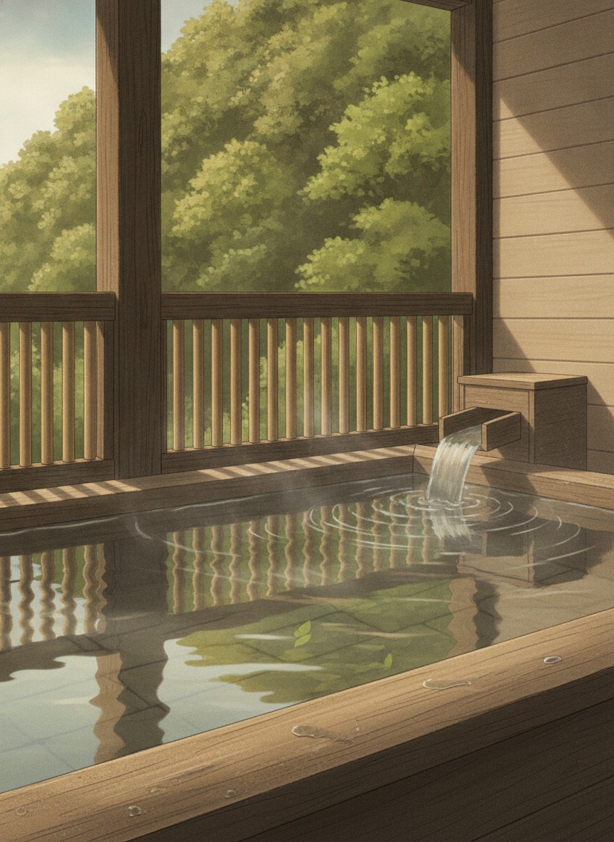 Illustration of Seiryuso in Misasa, above the river across from the town bridge
