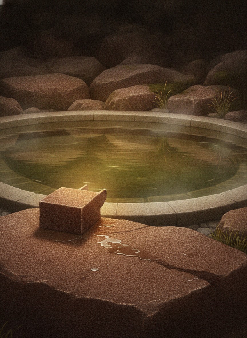 Illustration of Sekitei in Miyahama Onsen, on the Hatsukaichi shore facing the island