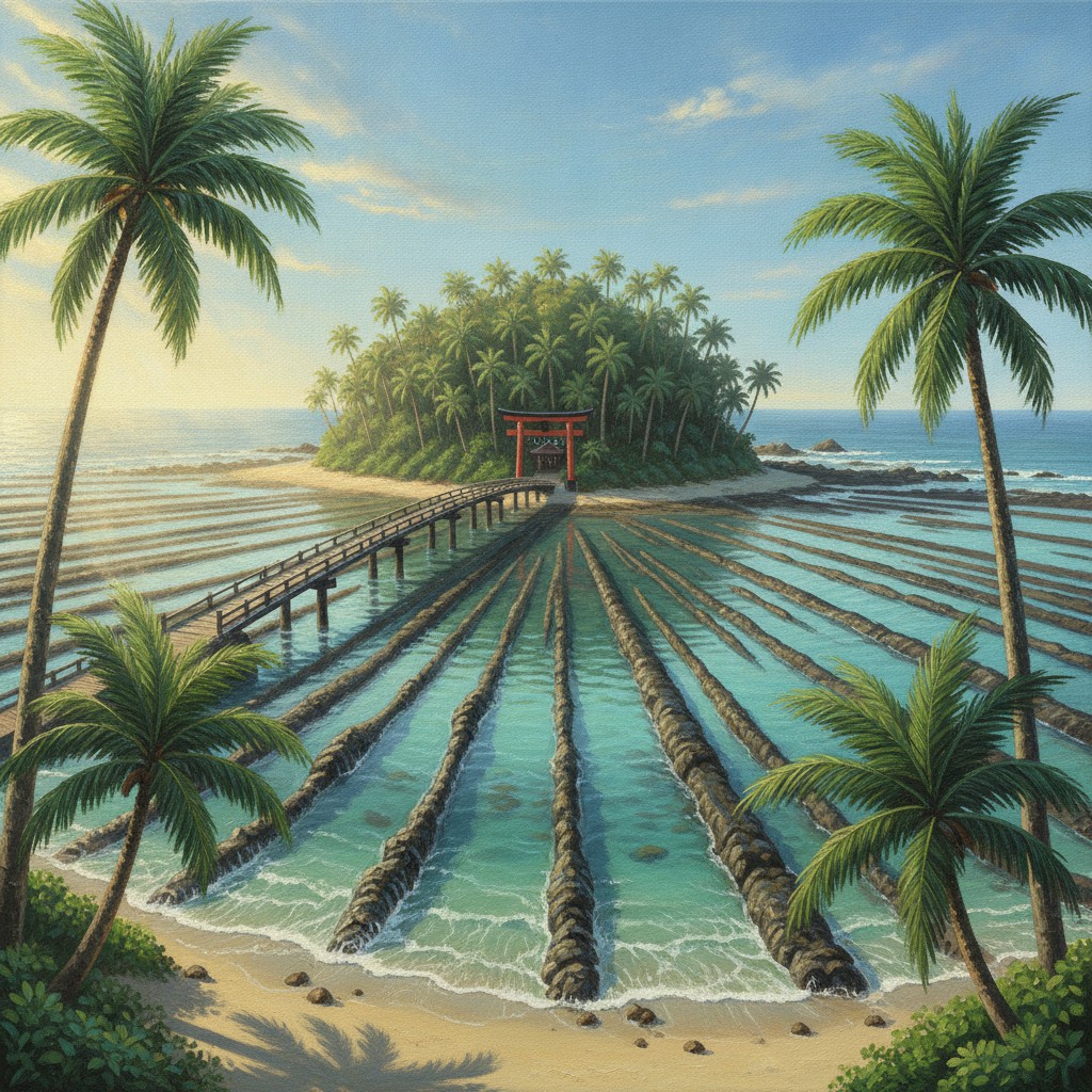 Illustration of Aoshima on the Miyazaki coast: the palm-covered island and its red shrine gate, ringed by the ridged rock of the Devil&rsquo;s Washboard in turquoise water