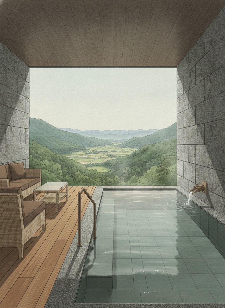 Illustration of Akakura Kanko Hotel in Tagiri, high on the Akakura Kanko ski slopes above Akakura Onsen