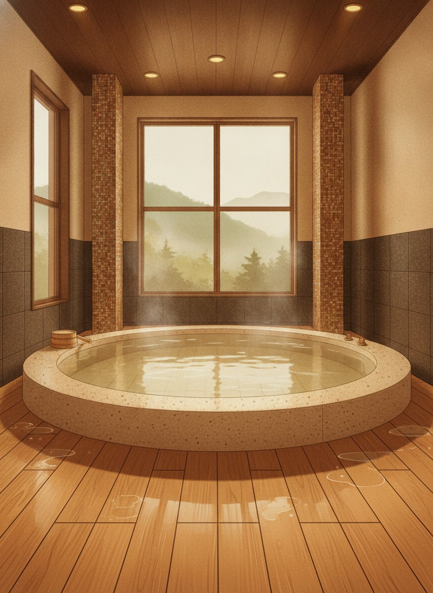 Illustration of Kofukan in Myoko Onsen, below the station on the Sekikawa river