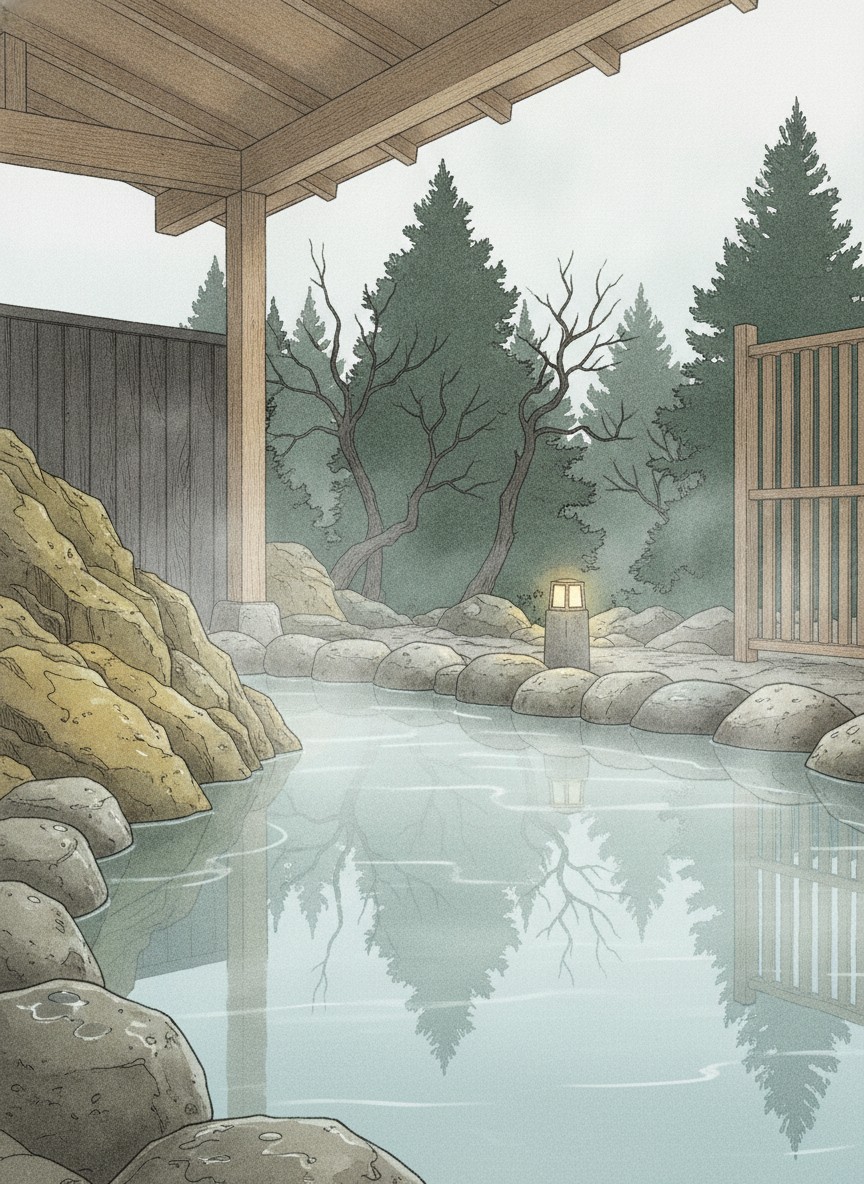Illustration of FOURTREAT plus NASUKOGEN in Nasu-Yumoto, on the hillside just west of the old village