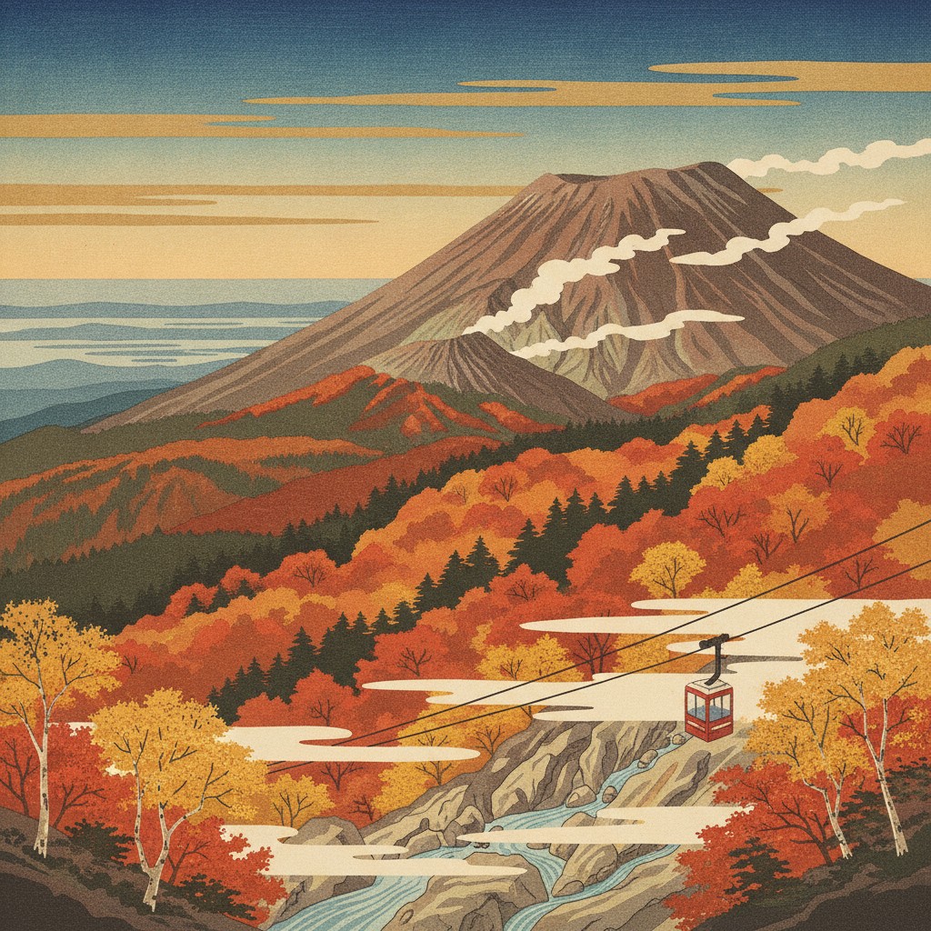 Illustration of Mount Chausu steaming above the Nasu highlands in autumn, a ropeway cabin over the forest and a hot spring stream below