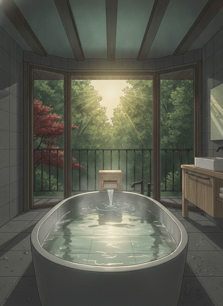 Illustration of Nasu Onsen Shinshun no Kago Hewitt Resort in Nasu-Yumoto, in forest off the Nasu Kaido