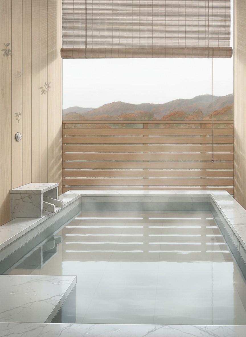 Illustration of Hotel Mahoroba in Noboribetsu Onsen, mid-street on the valley side