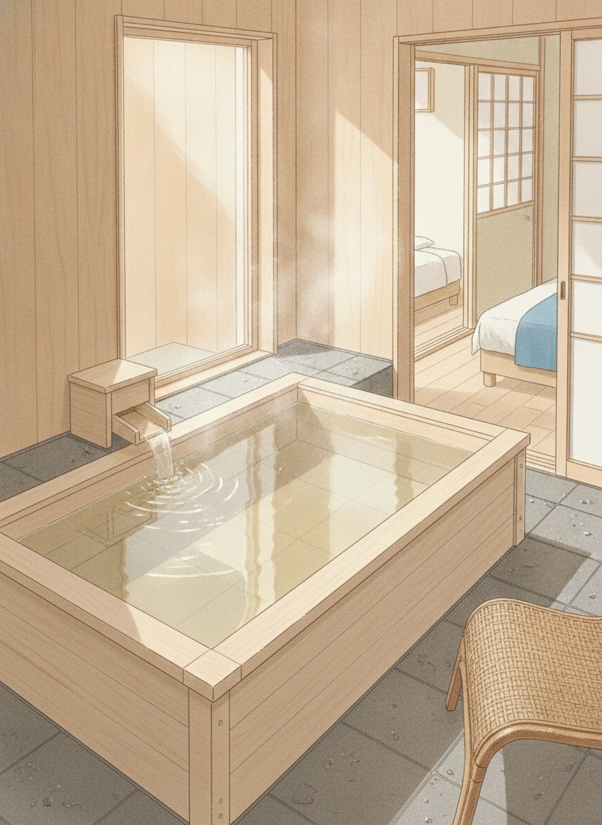 Illustration of Kawaichiya Ryokan in Toyosato, a minute from the Kumanotearai-yu soto-yu