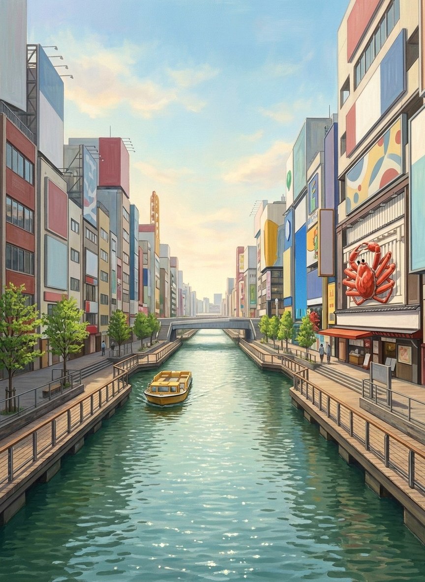 Illustration of the Dotonbori canal in Namba, Osaka, on a bright morning, with the riverside walk, a yellow tour boat and the giant crab sign