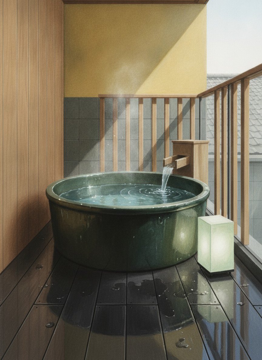 Illustration of Senami Grand Hotel Haginoya in Senami Onsen 2-chome, on the slope above the inn quarter, beside the town's hot spring source