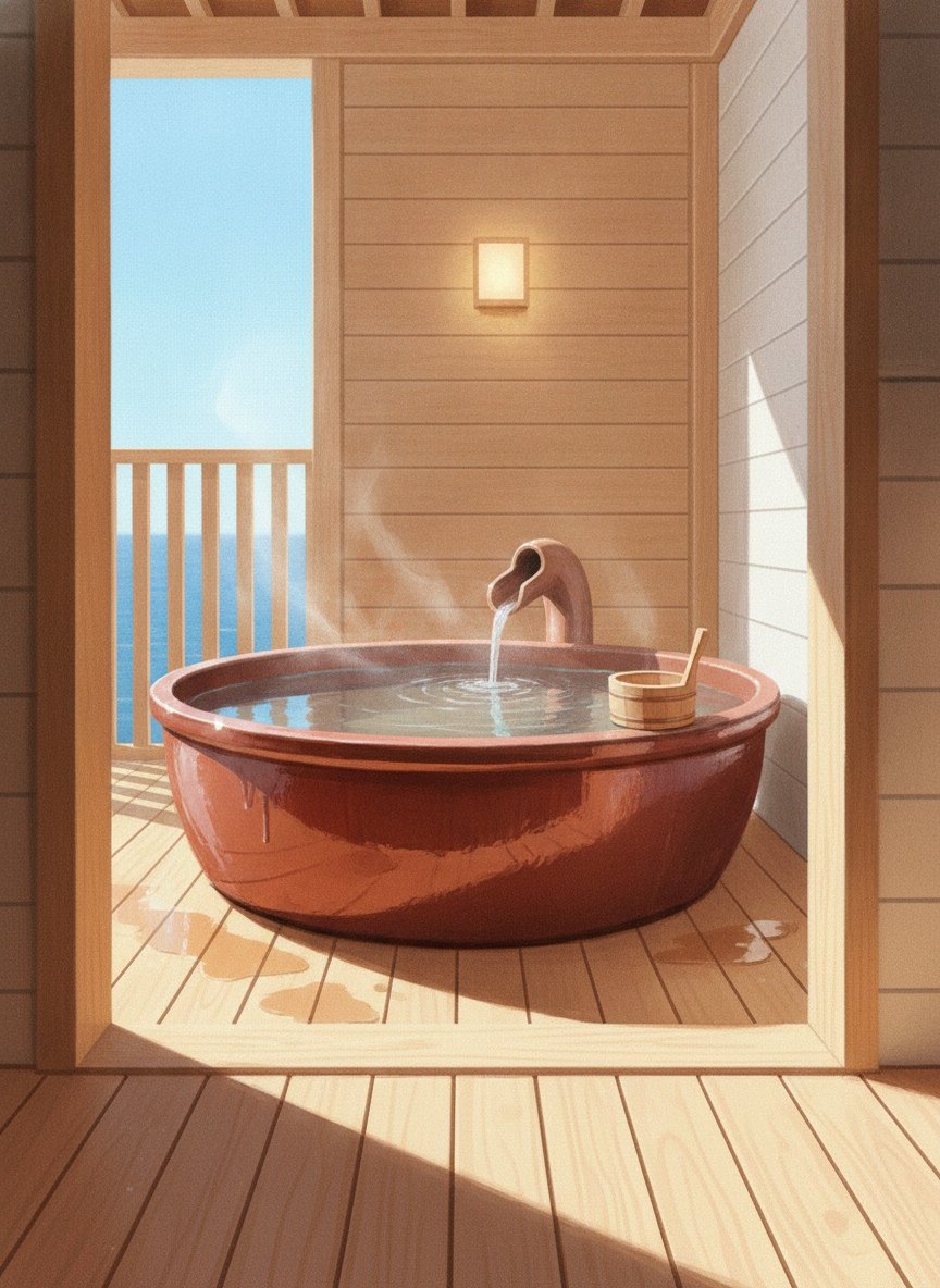 Illustration of Senami Hamanasuso in Senami Onsen 1-chome, at the far end of the inn quarter on the sea side, about 10 minutes by taxi from Murakami Station