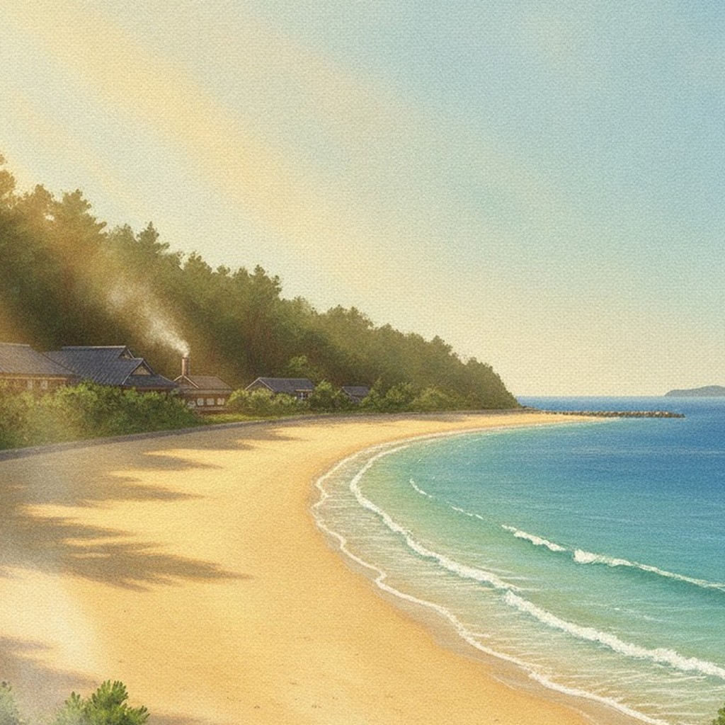 Illustration of Senami Onsen on a clear afternoon: a pine-lined beach and calm blue Sea of Japan below the seafront inns