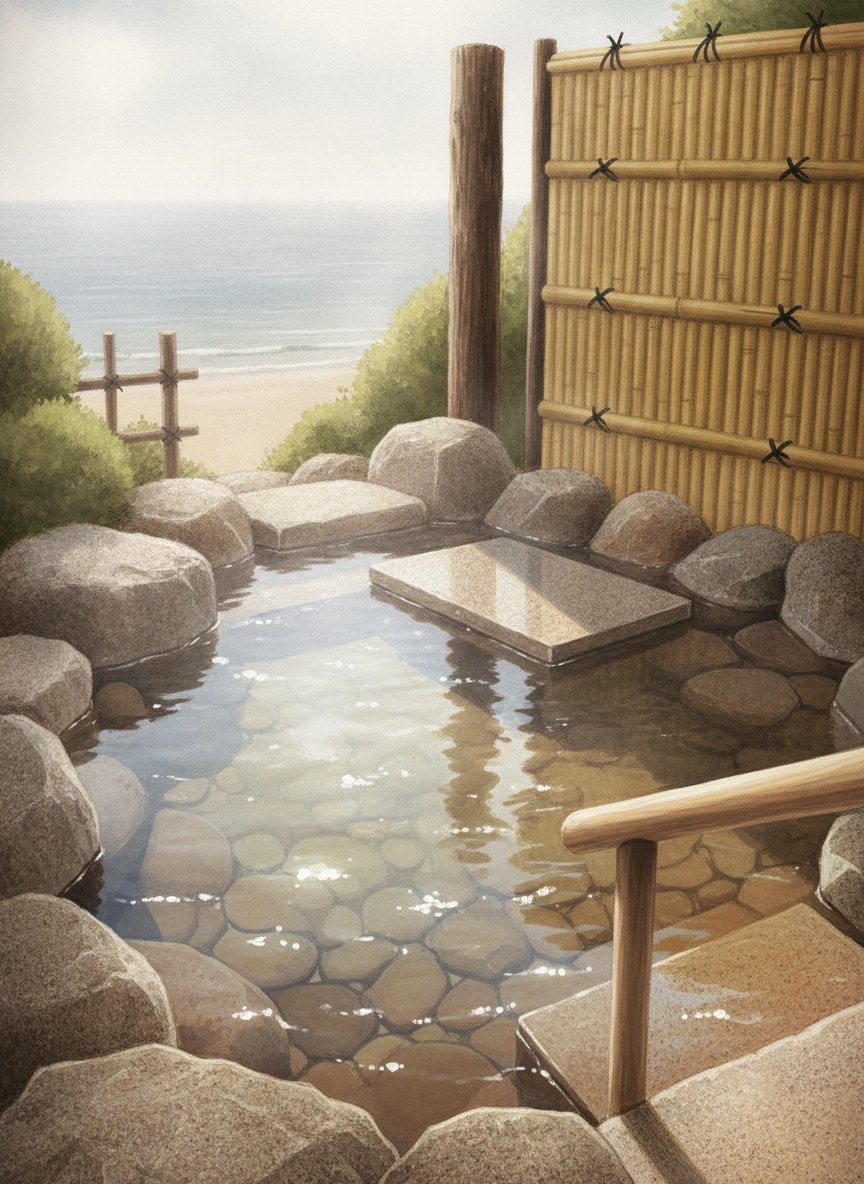 Illustration of Taikanso Senami no Yu in On the Senami beachfront, about 10 minutes by taxi or the inn's free shuttle from Murakami Station