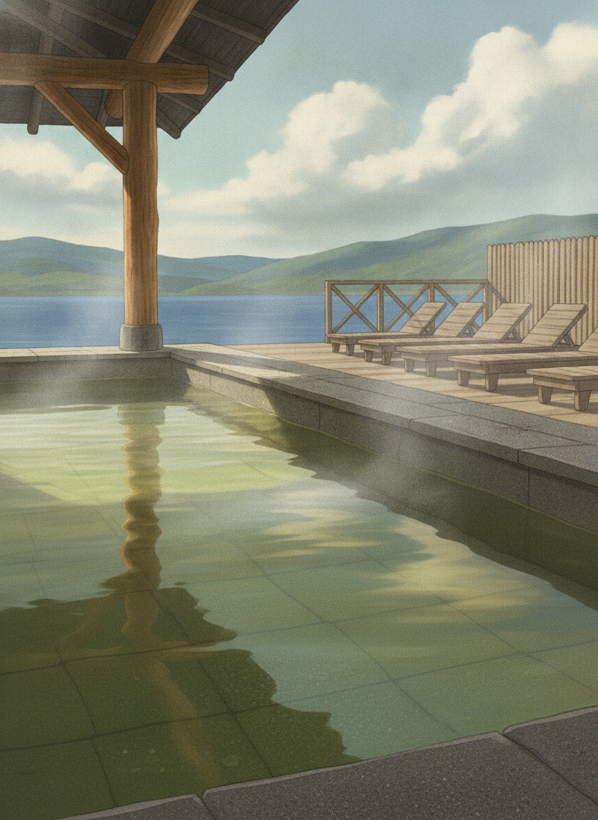 Illustration of Marukoma Onsen Ryokan in Poropinai, on the northwest shore of Lake Shikotsu, about 40 minutes by road from Shikotsuko Onsen