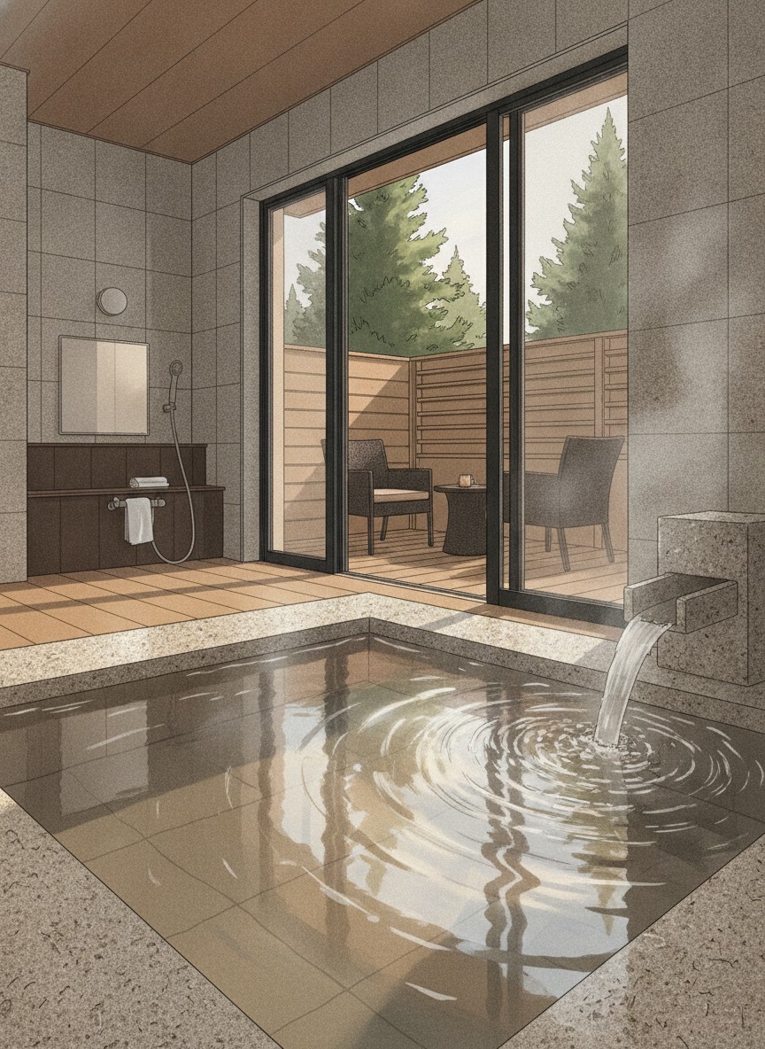 Illustration of Lake Shikotsu Tsuruga Resort Spa Mizu no Uta in Shikotsuko Onsen, on the main road through the hamlet