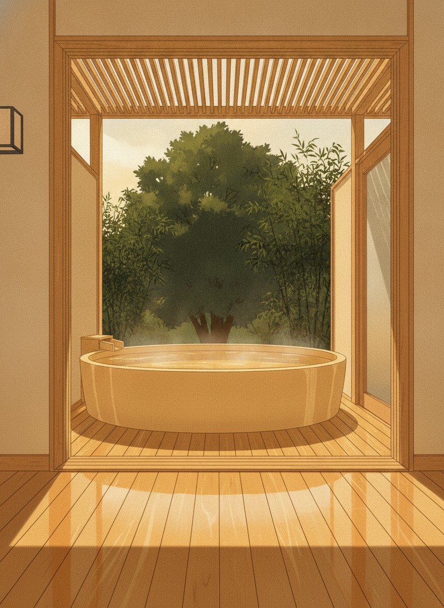 Illustration of Kurofune Hotel in Kakizaki, on the slope above Shimoda bay