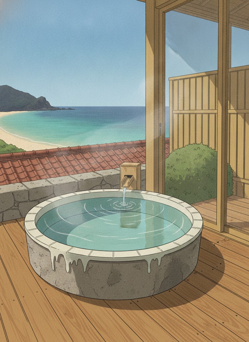 Illustration of Shimoda Yamatokan in Tatado beach, Kisami, about five minutes by car south of Izukyu Shimoda station