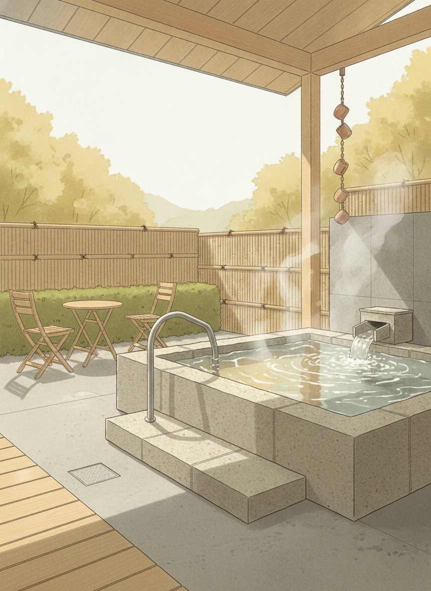 Illustration of Yunagi-no-Yu Hotel Hanajukai in Saihocho, on the hillside west of the castle, about ten minutes by car from JR Takamatsu