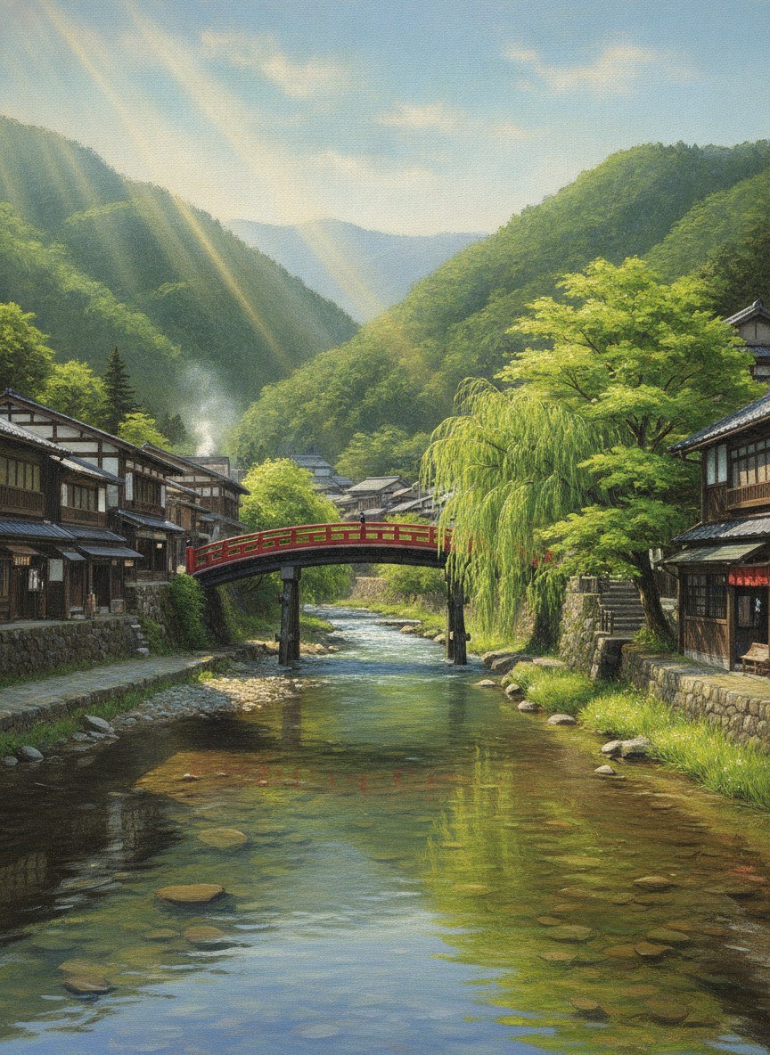 Illustration of Takayama on a summer morning: the clear Miyagawa river and the red Nakabashi bridge, dark wooden merchant houses and green hills behind