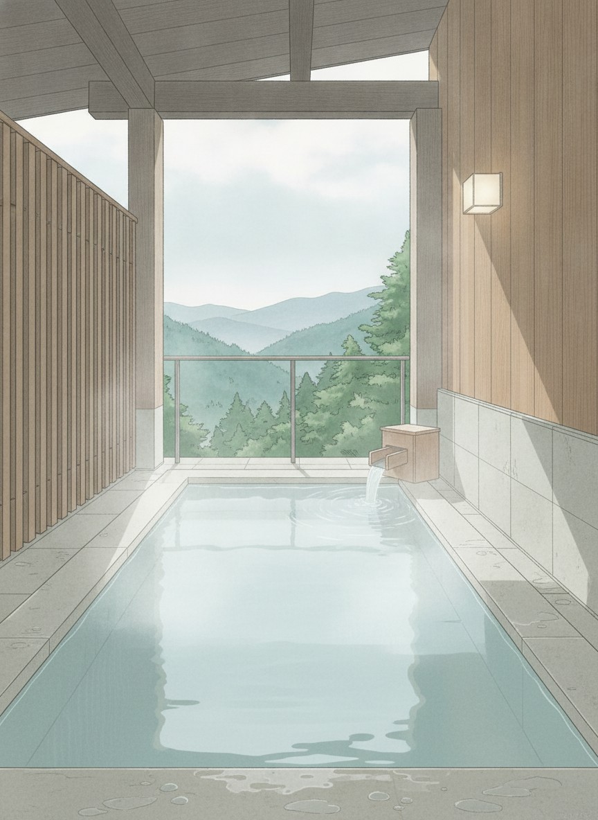 Illustration of Kagetsu Highland Hotel in Takayu Onsen, Kaminomori, the highest point of the village