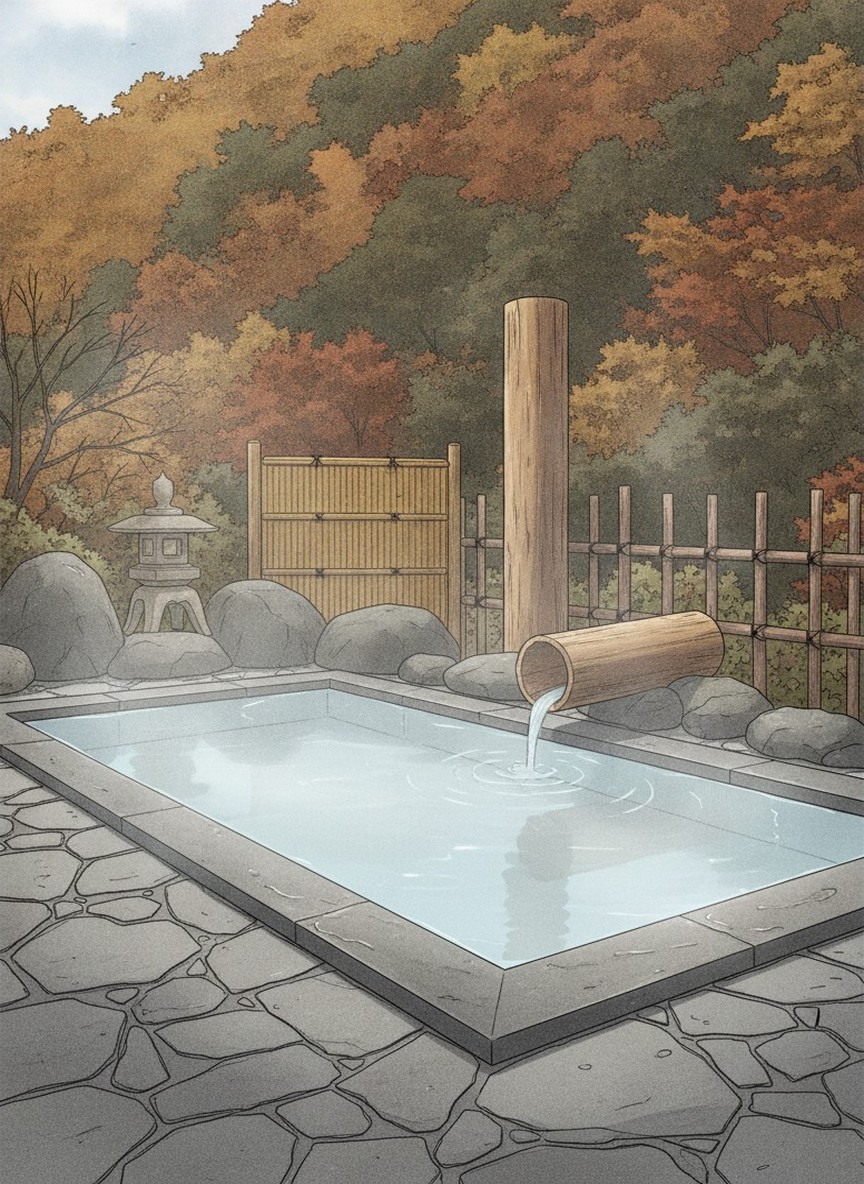Illustration of Ryokan Tamagoyu in Takayu Onsen, lower end of the village