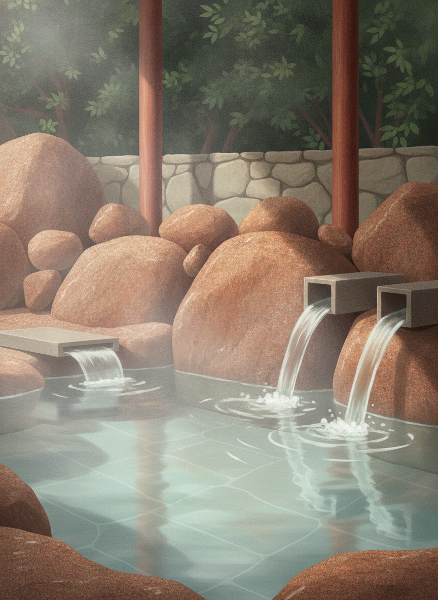 Illustration of Hotel Gyokusen in Tamatsukuri, at the upper end of the onsen street beside the garden