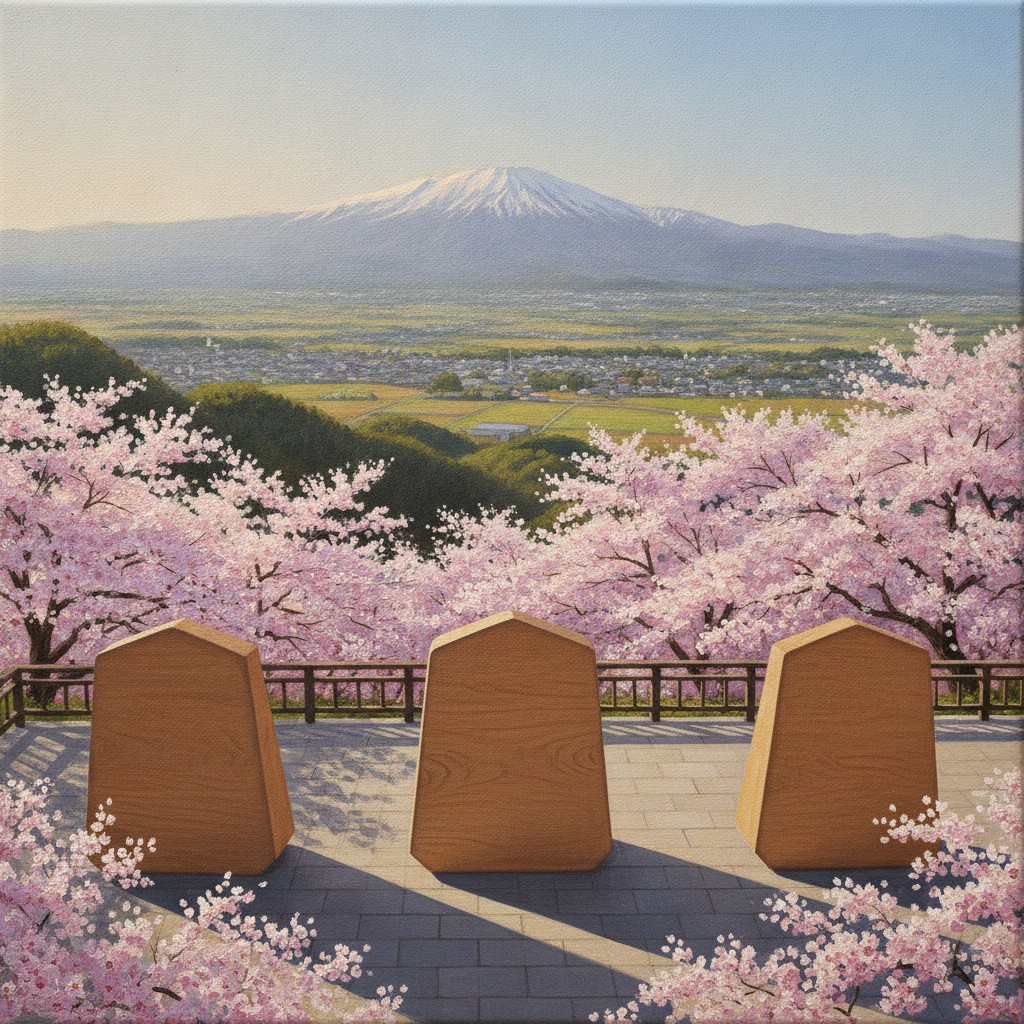 Illustration of three giant wooden shogi pieces on a terrace under cherry blossom, above the Tendo plain and a snow-capped mountain