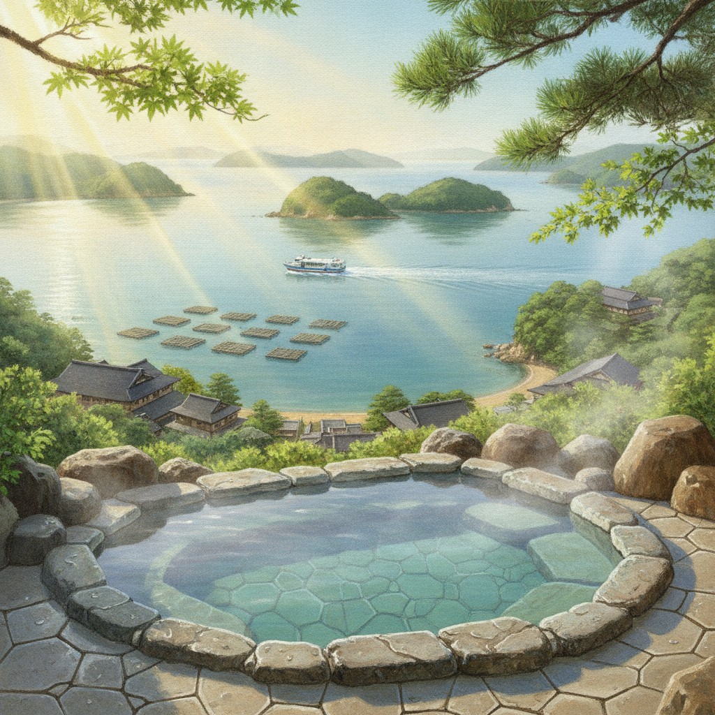 Illustration of Toba Bay on a clear morning: small green islands and pearl rafts on calm blue-green water below a steaming open-air bath