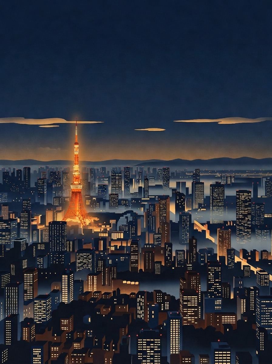 Illustration of Tokyo at night: Tokyo Tower lit orange above the city, bands of mist lying between the towers and a low line of hills on the horizon