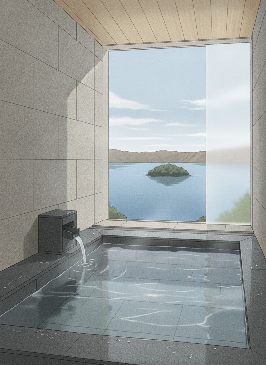Illustration of Lake Toya Tsuruga Resort Hikari no Uta in Sobetsu Onsen, on the hill above the southeast shore