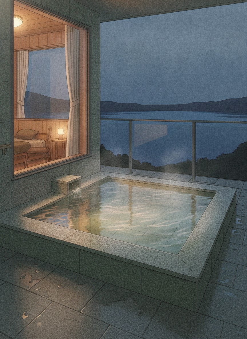 Illustration of The Lake Suite Ko no Sumika in Toyako Onsen, the Sobetsu end of the lakeside strip