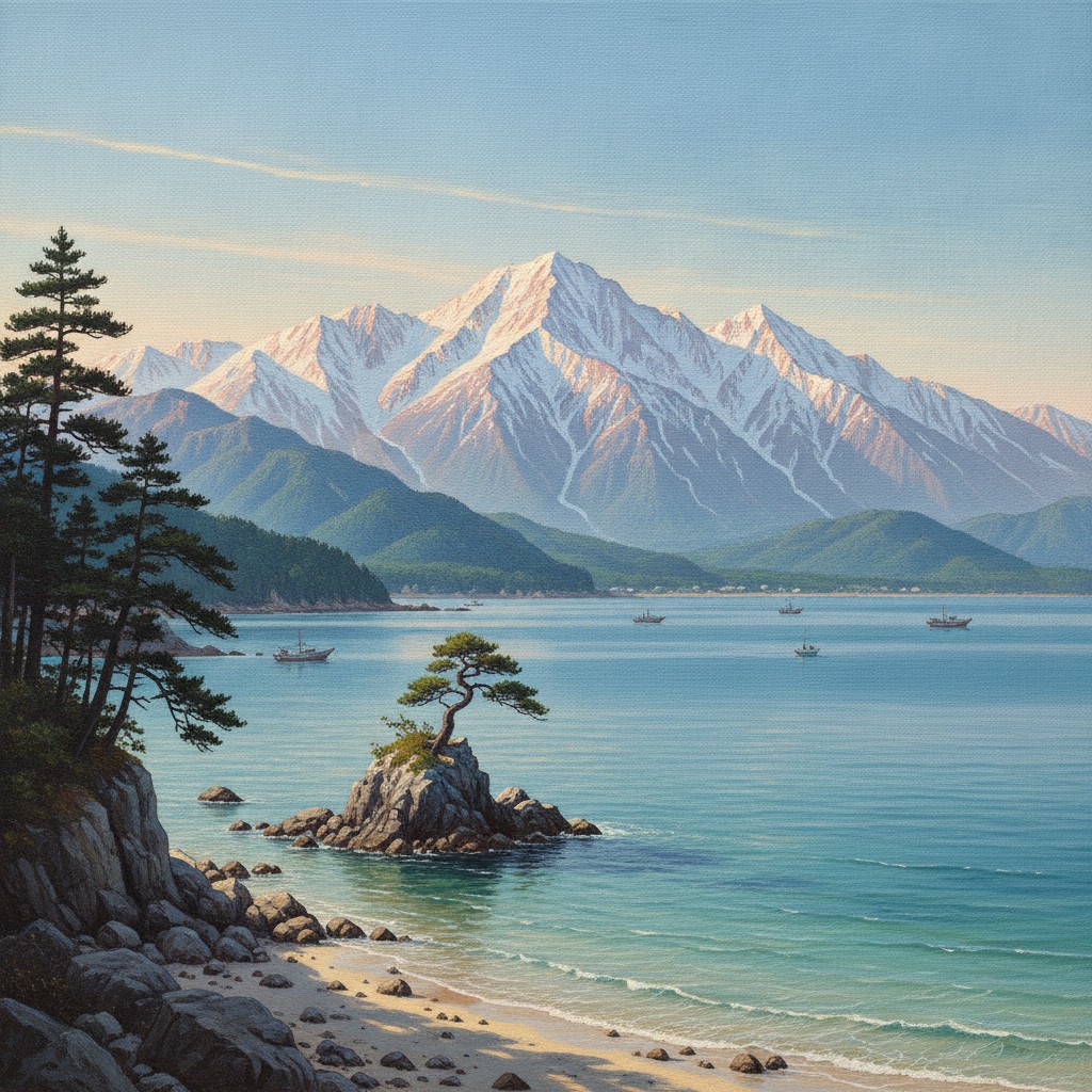 Illustration of the snow-covered Tateyama mountains rising across Toyama Bay on a clear morning, seen from the rocky Amaharashi shore with its pine-topped islet