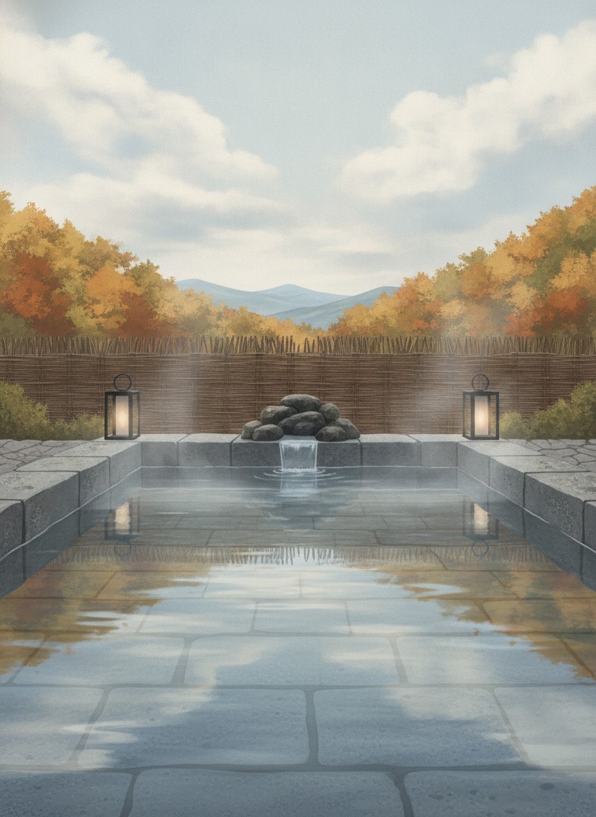 Illustration of Hotel Morinokaze Oshuku in Oshuku Onsen, on the hillside above the spa village, beside the Flower and Garden Morinokaze park