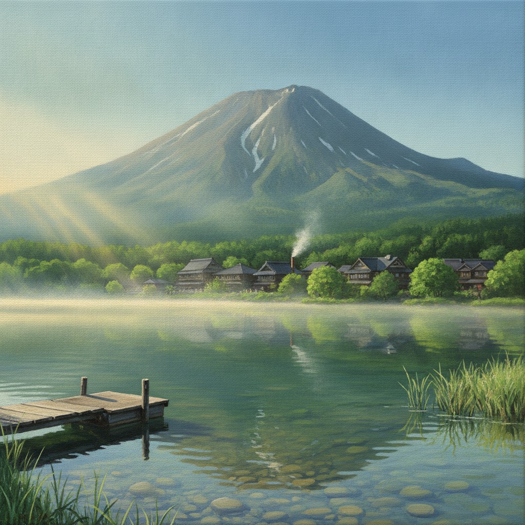 Illustration of Lake Gosho at Tsunagi Onsen on a misty summer morning, with inns on the far shore and Mount Iwate behind