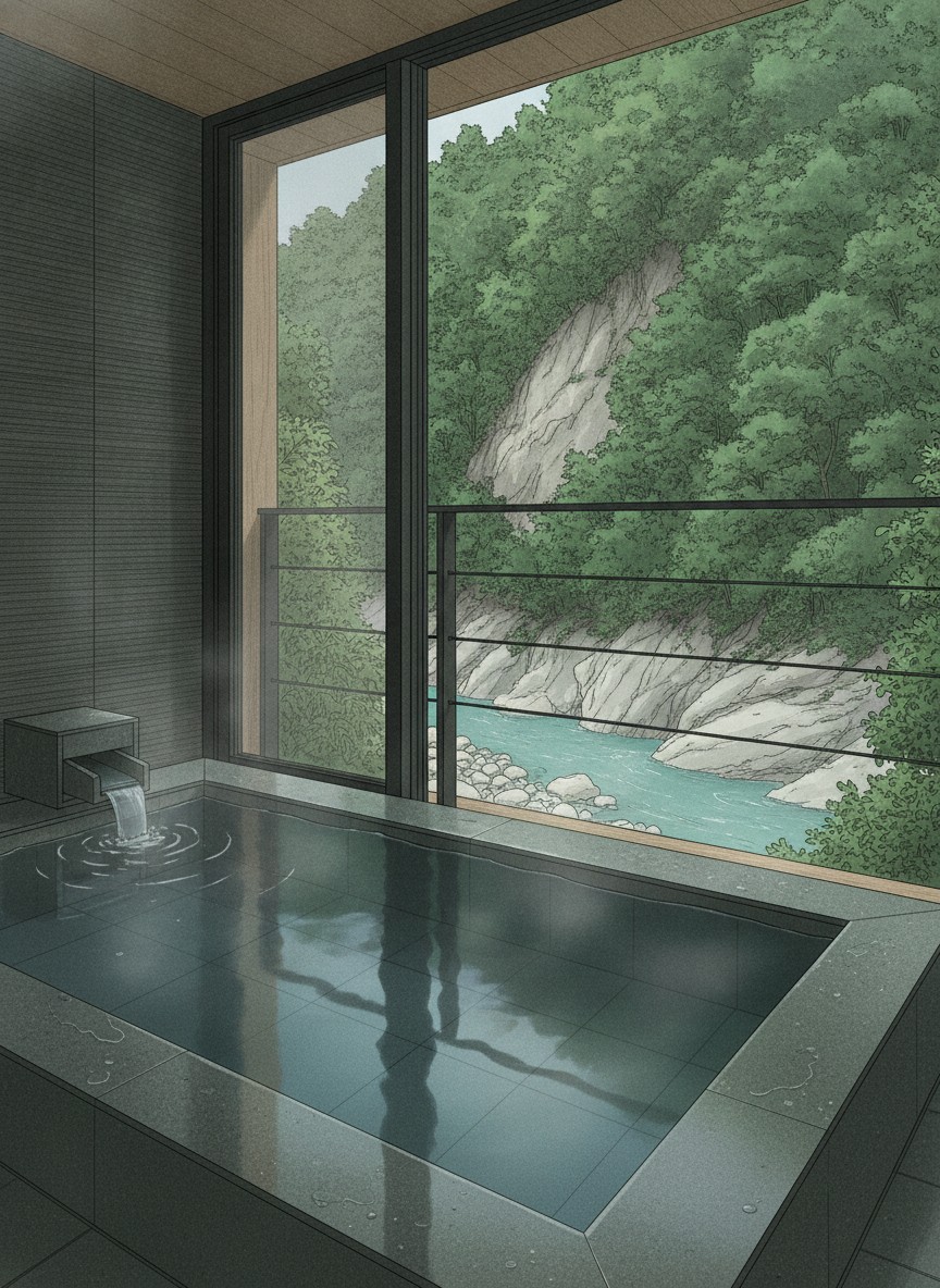 Illustration of Enraku in Unazuki Onsen, on the Kurobe River side of the town
