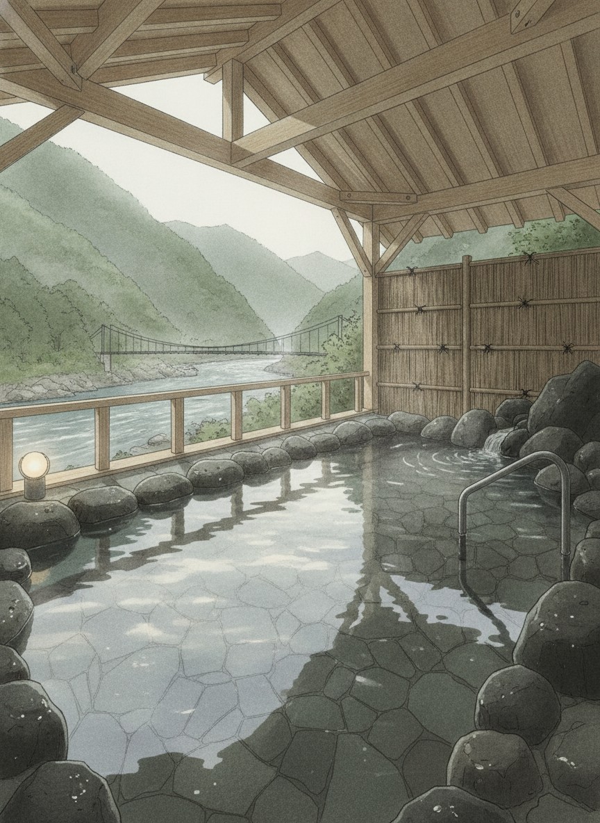 Illustration of San Ryutei in Unazuki Onsen, above the Kurobe River at the upstream end of town