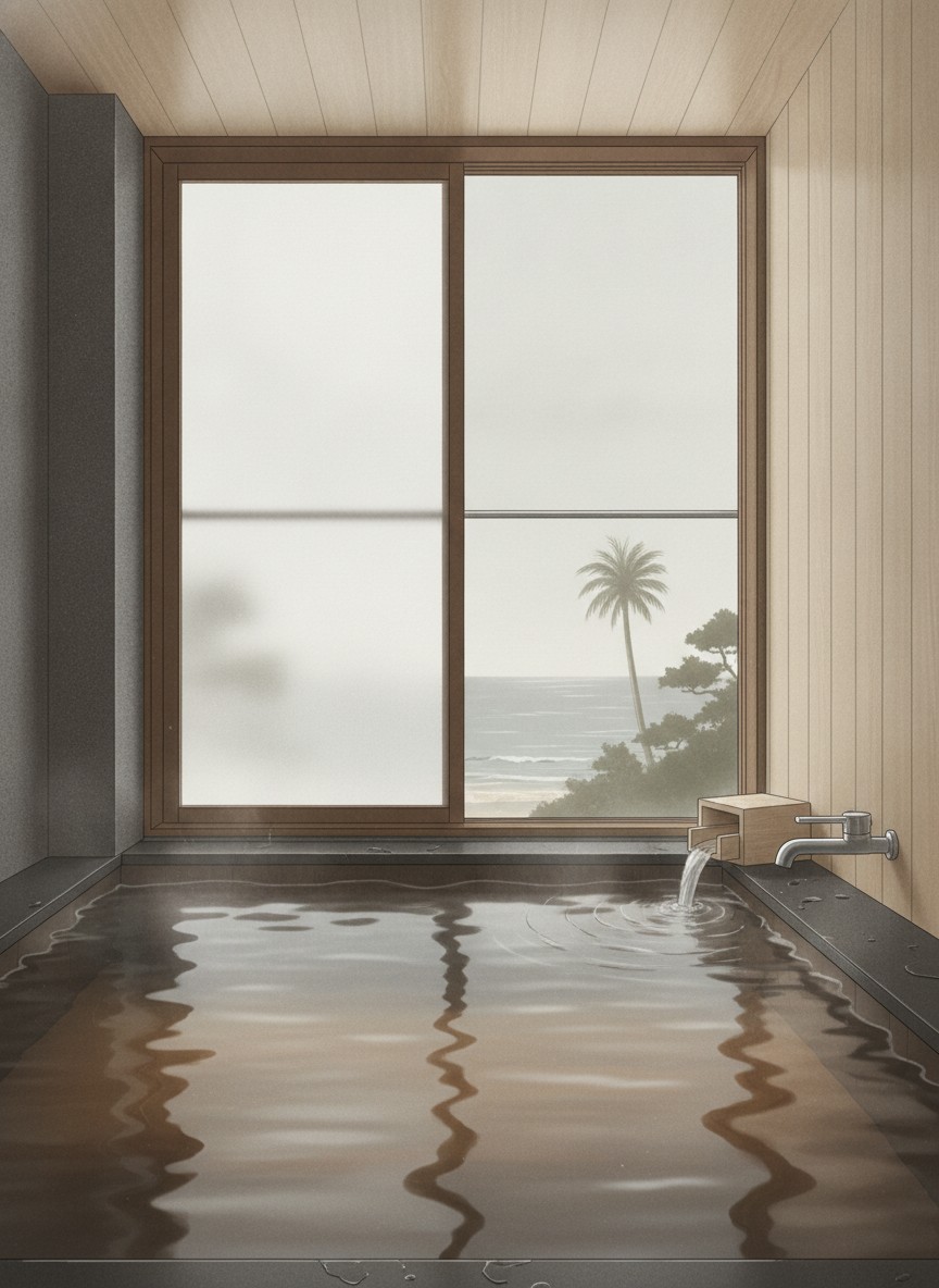 Illustration of Iseya in Kitahonmachi, Obama Onsen, on the seafront with its annex beside it