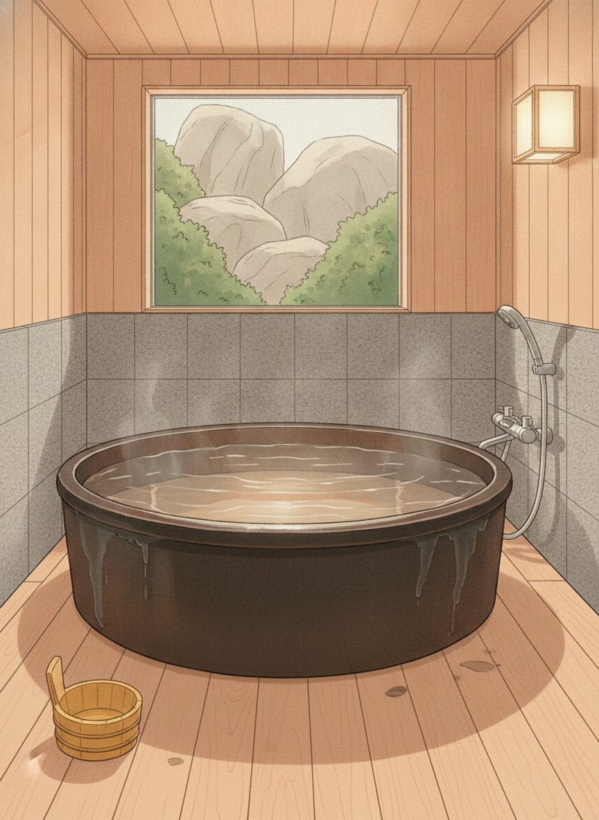 Illustration of Juraku in Kitahonmachi, the north end of Obama Onsen near Obama Junior High School