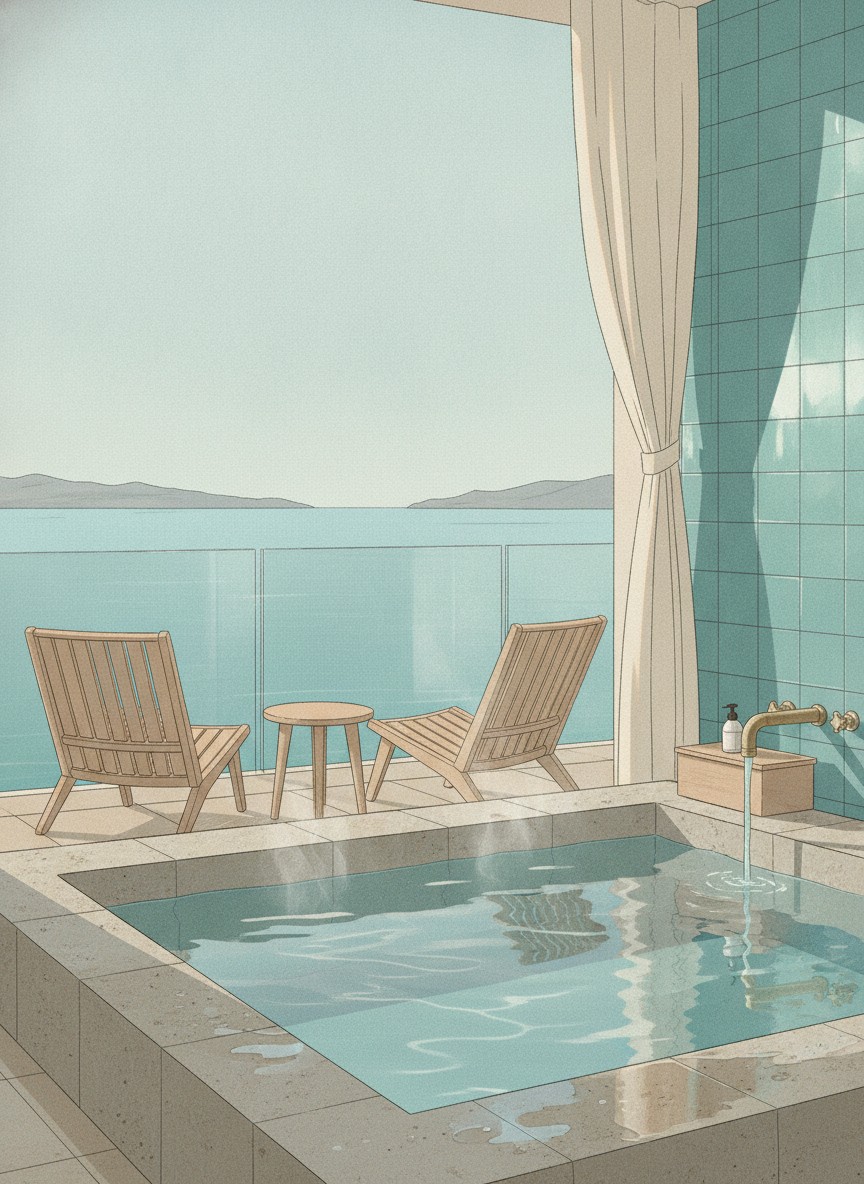 Illustration of Private Spa Hotel Orange Bay in Marina, Obama Onsen, the building nearest the water on the seafront